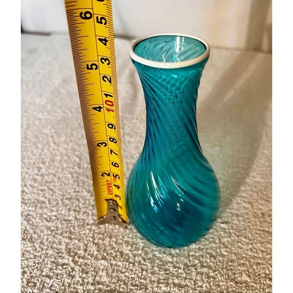 Vintage Hand Blown Optic Swirl Blue Empoli Glass Vase With White Rim Beautiful!